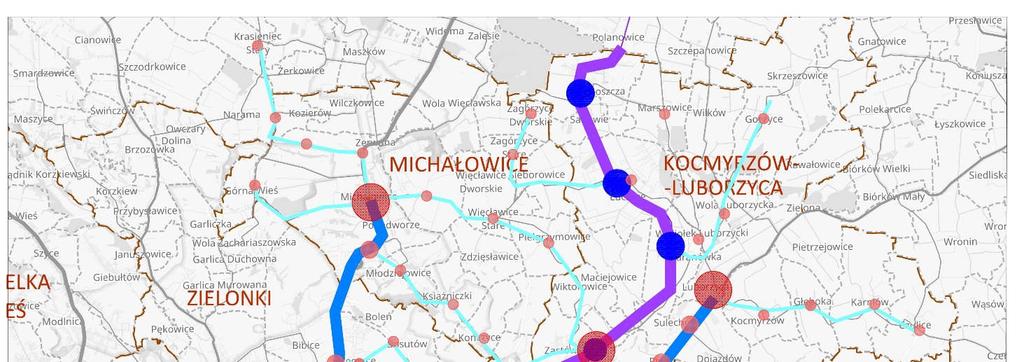 Wariant W wariancie pierwszym najważniejsze węzły zlokalizowane są w gminach KrOF. Największą rolę spełniają węzły przesiadkowe na liniach kolejowych.
