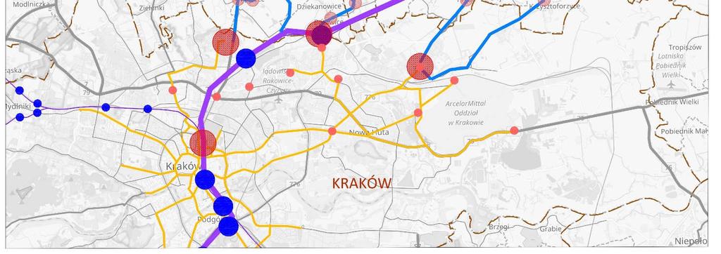 Wariant 2 W wariancie drugim główne węzły przesiadkowe lokalizowane są w obrębie III i IV obwodnicy w Krakowie. Tam umiejscowiona jest również infrastruktura P+R i B+R.