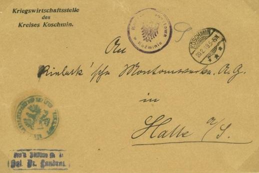 Koźmin (Koschmin) List urzędowy z niemieckim stemplem pocztowym KOSCHMIN (Koźmin) z 20.2.1919 do Haale /Saale (Niemcy). Dodatkowy niemiecki stempel Frei lt. Avers. Nr. 21 / Kgl. Pr.