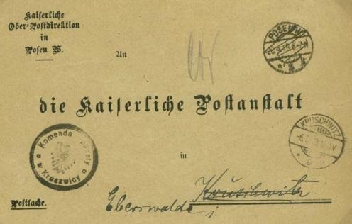 Kruszwica (Kruschwitz) Podwójnie używana koperta pocztowa byłej Cesarskiej Dyrekcji Nadpocztowej w Poznaniu (stempel POSEN W z 26.4.