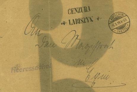 Łabiszyn (Labischin) List z niemieckim stemplem pocztowym LABISCHIN * (NETZE) * (Łabiszyn) z 5.3.1919 do Kcyni (Exin), zwolniony z opłaty jako Heeressache!