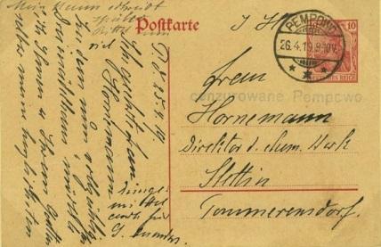 Pępowo (Pempowo) Niemiecka karta pocztowa z niemieckim stemplem PEMPOWO z 26.4.1919 do Szczecina. Lokalny stempel cenzury cenzurowane Pempowo (zamiast litery ę jest tylko litera e ).