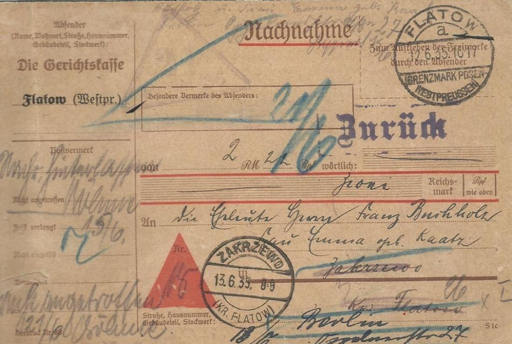 33. Złotów (FLATOW) przekaz pobraniowy nadany 12.6.1935 r.