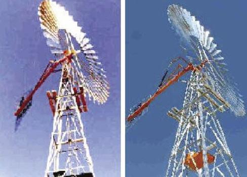 Rodzaje siłowni wiatrowych Siłownie wiatrowe z poziomą osią obrotu (HAWT) c.d. Przykłady rozwiązań - Wirniki wielołopatowe c.d. Przykładowy wiatrak wielopłatowy o mocy 5 kw: Średnica wirnika: 5,5 m,