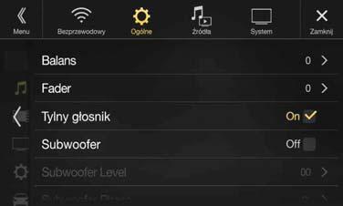 5 Dual HD EQ* 4, 5 X-OVER* 5 Korekcja czasu (TCR) Defeat Głośność aplikacji Głośność rozmowy* 6 Poziom mikrofonu* 6 Głośność połączenia* 6 Dźwięk klawiszy Głośność automoatyczna Wyciszenie podczas