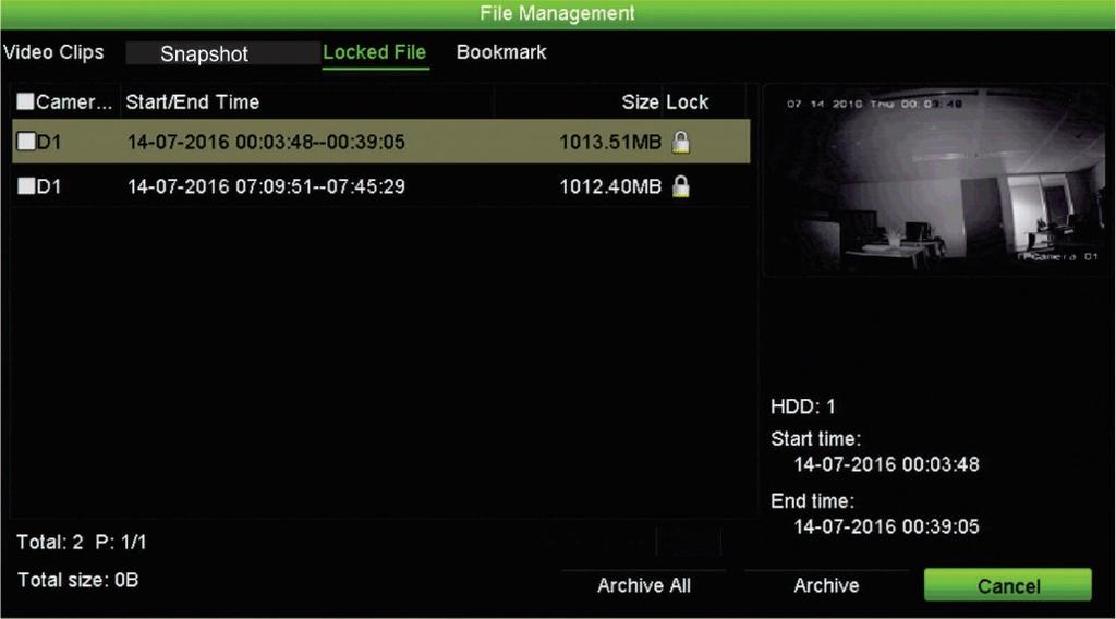 Rozdział 7: Funkcja odtwarzania 2. Wybierz kartę plików, którymi chcesz zarządzać: Video Clips (Klipy wideo), Snapshot (Zrzut obrazu) lub Locked File (Zablokowany plik). 3.