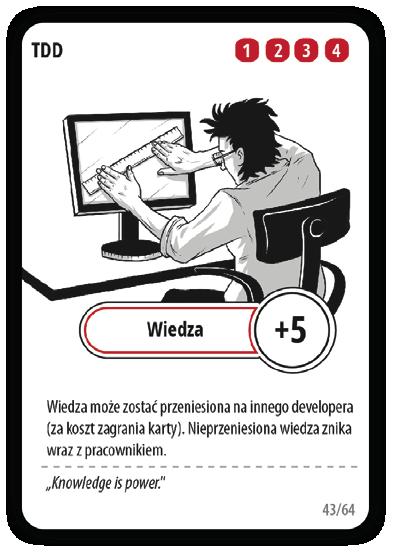Wiedza (karty wiedzy) Karty wiedzy podnoszą wydajność naszych developerów. Kartę wiedzy można zagrać na danym developerze za koszt widoczny w górnym prawym rogu karty.
