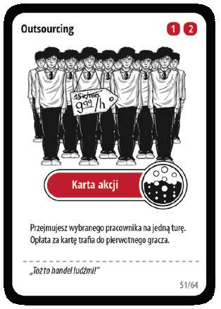 Pracownik przejęty na jedną turę w ramach outsourcingu : nie można z niego przenosić wiedzy na swoich pracowników, pracownik wraca do pierwotnego gracza na początku Twojej następnej tury, nie może