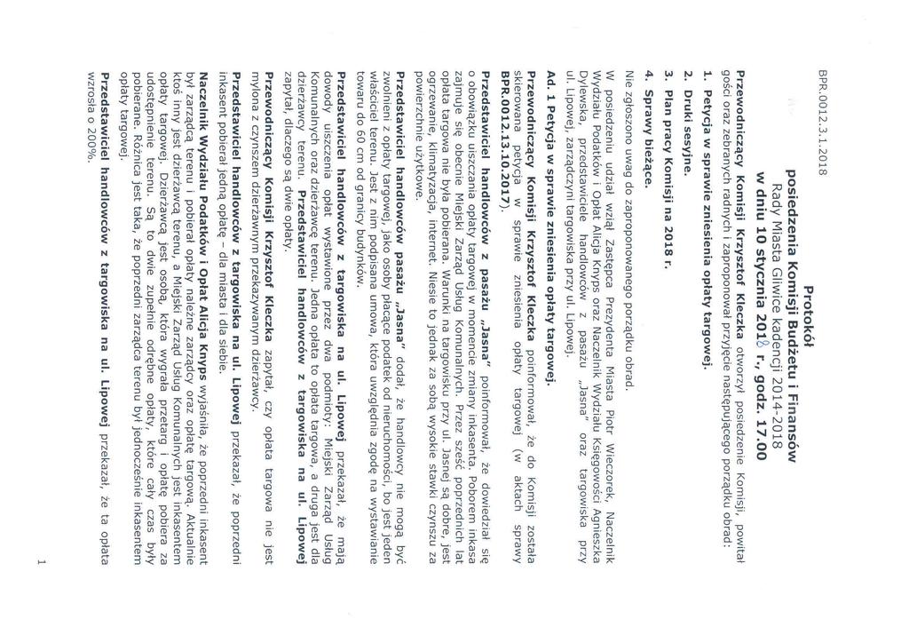 BPR.oo12.3.1.2o18 Protokół posiedzenia Komisji Budżetu i Finansów Rady Miasta Gliwice kadencji 2014-2018 w dniu 10 stycznia 201Ê> r., godz. 17.