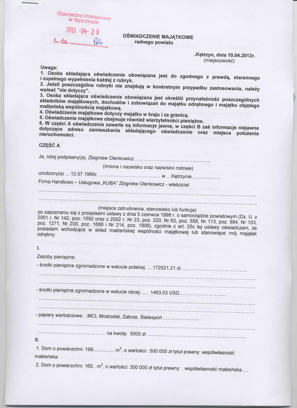 2013-04- 2 9 OSWIADCZENIE MAJATKOWE radnego powiatu..ketrzyn, dnia 10.04.2013r. (miejscowosc) Uwaga: 1.