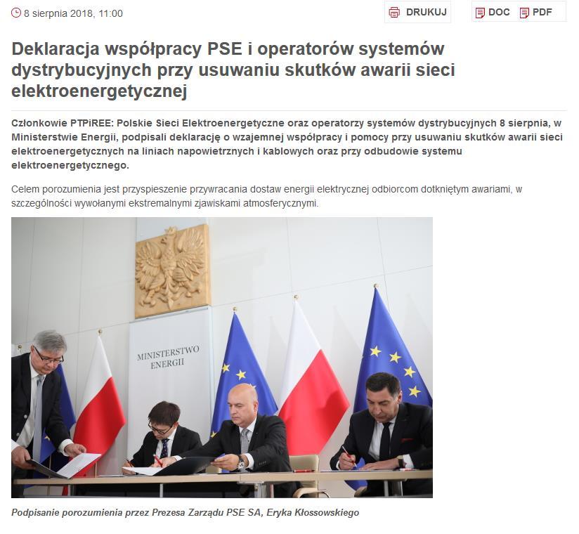 Współpraca przy awariach Ministerstwo Energii, OSP oraz OSD zauważyli potrzebę współpracy przy usuwaniu skutków awarii sieci elektroenergetycznej 8 sierpnia 2018 -