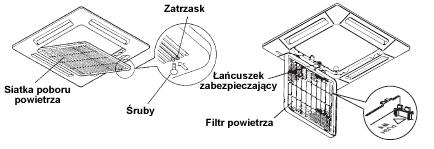 Obsługa i czyszczenie (c.d.) Jak zdjąć filtr Modele częściowo ukryte z 4 wylotami (CAFM) 1. Używając śrubokręta odkręcić śruby mocujące z każdej strony obu zatrzasków.