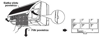 Obsługa i czyszczenie (c.d.) Jak zdjąć filtr (c.d.) Modele montowane na ścianie (MAFM) 1. Przesunąć klapy siatki wylotu powietrza do najniższej pozycji używając pilota zdalnego sterowania. 2.