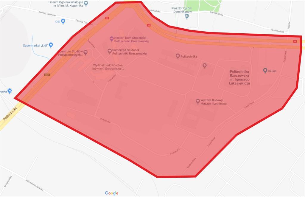 Wszystkie parkingi są bezpłatne. Wjazd na parkingi na Politechnice Rzeszowskiej od ulicy Emilii Plater.