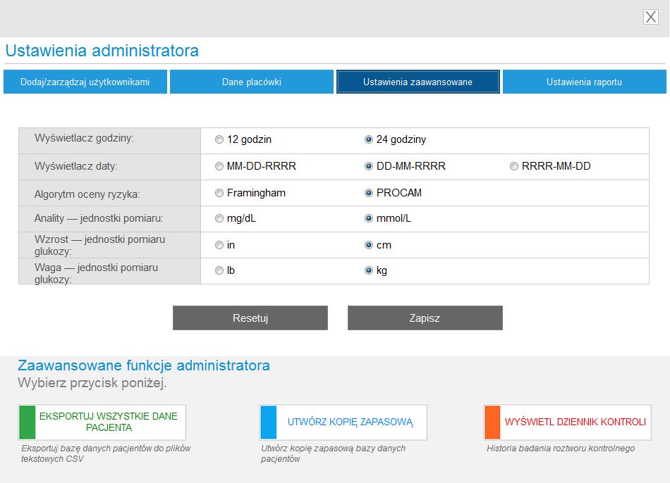 Aby uzyskać dostęp do zaawansowanych funkcji administratora, należy kliknąć odpowiedni przycisk. Eksportowanie bazy danych pacjentów do plików tekstowego CSV.