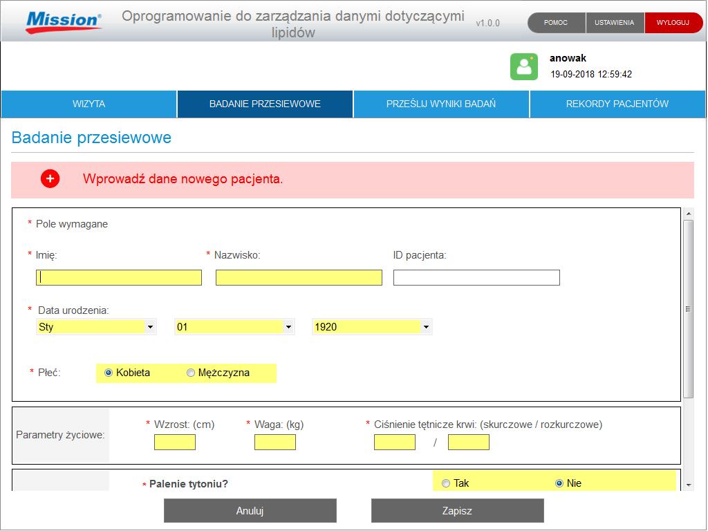 Jeśli żaden z wyświetlonych na liście uczestników nie jest właściwy, należy kliknąć Dodaj nowego pacjenta. Otworzy się nowy rekord. Wypełnić wszystkie pola i kliknąć Zapisz. 6.3.