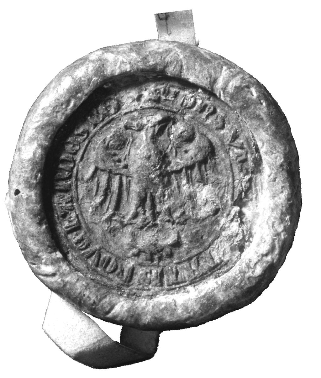 Pieczęcie Gorzowa Wielkopolskiego w średniowieczu 19 nr 3 1. Pieczęć herbowa większa II, potwierdzona w użyciu w latach (1385?) 38-1404. 1402 2. Oryg.: GStA PK, XX.