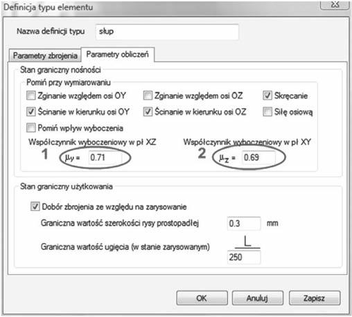 P16 Na zakładce Parametry obliczeń (rysunek P17) kroki 1 i 2 ustawiają obliczone wartości współczynników wyboczeniowych dla elementu. Skrócone rezultaty wymiarowania 1.