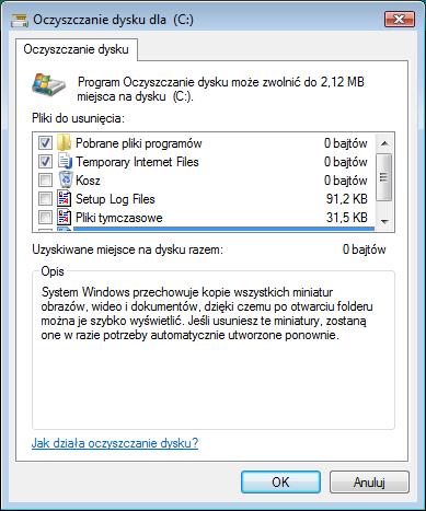 Upewnij się że zaznaczone są tylko Pobrane pliki programów i tymczasowe pliki internetowe. Kliknij przycisk OK.