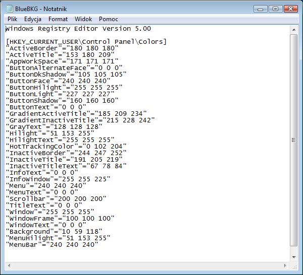 Jaka jest wartość tła. Odpowiedzi mogą się różnić w zależności od wybranego koloru w oknie Właściwości: Ekran. Zamknij BlueBKG.reg - okno Notatnika.