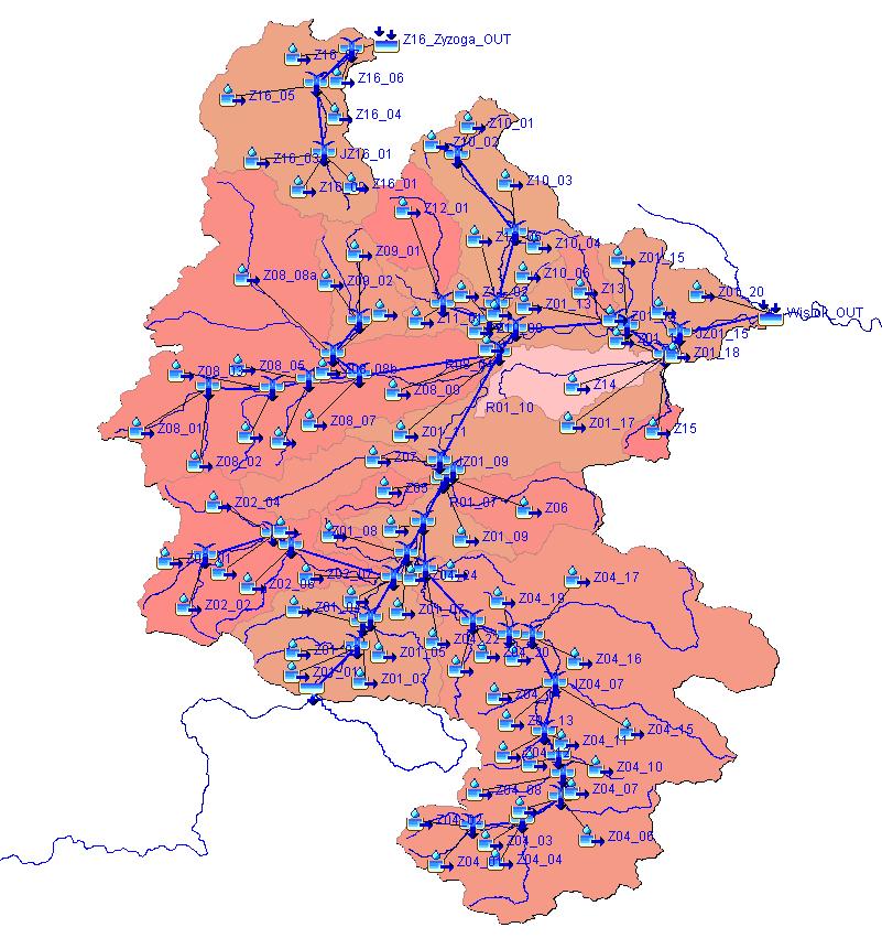 Wykorzystując Mapę Podziału Hydrograficznego Polski, w tym jej składowe zlewnie elementarne oraz sieć rzeczną określono strukturę modelu