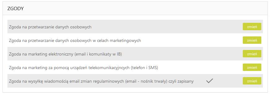 Zgody Zakładka Zgody (Ustawienia Zgody) wyświetla udostępnione przez bank zgody określone w Rozporządzeniu o Ochronie Danych Osobowych (RODO).