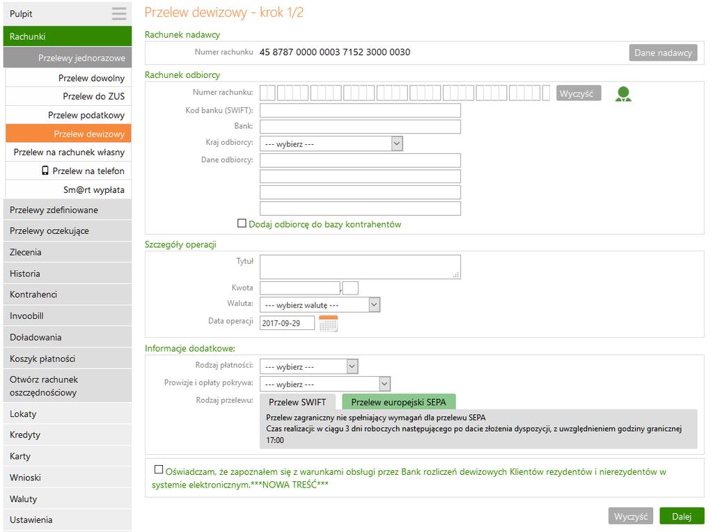 Przelew dewizowy Wprowadzenie przelewu dewizowego w systemie jest możliwe w oknie Przelew dewizowy krok 1/2 dostępnym po wybraniu zakładki Rachunki wybór rachunku z listy rachunków Przelew