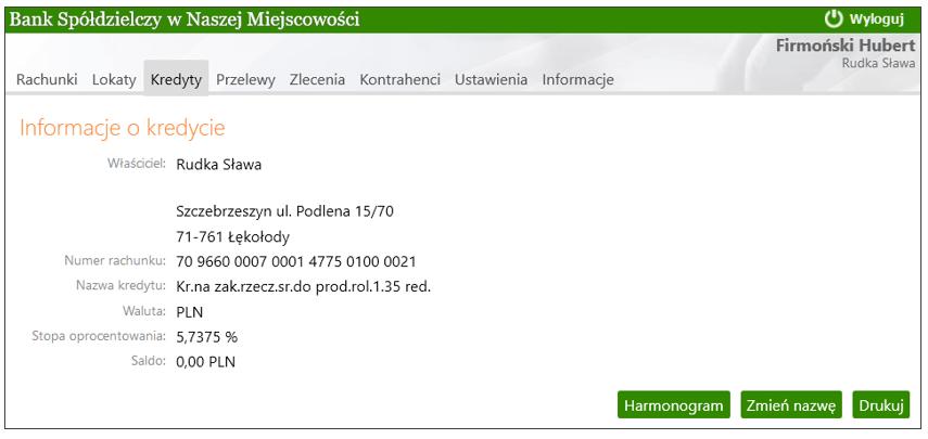 Rys. 16 Okno Informacje o kredycie. Oprócz informacji o kredycie użytkownik ma również do wyboru następujące polecenia: Harmonogram wyświetlenie harmonogramu spłat rat kredytu (Rys.