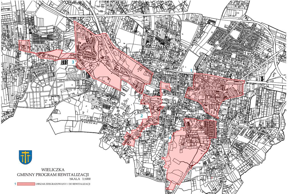 Mapa 3. Mapa obszaru zdegradowanego i obszaru rewitalizacji w gminie Wieliczka.