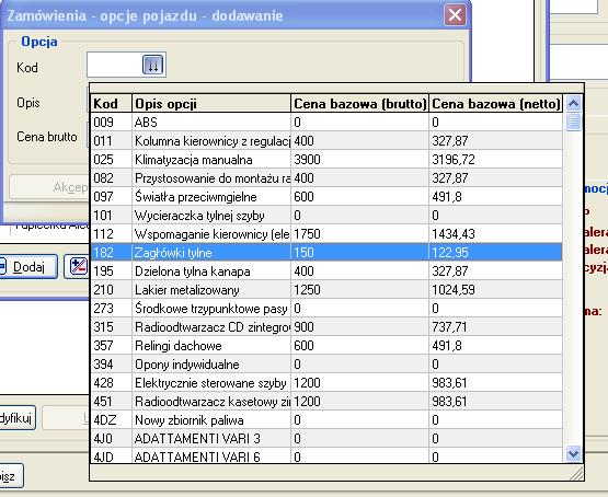 Ekran 11. - Lista opcji pojazdu.