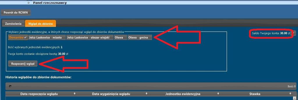 Po potwierdzeniu wpłaty przez pracownika starostwa w oknie Panel rzeczoznawcy, w zakładce Wgląd do zbiorów, w polu Saldo Twojego konta, wartość zwiększy się o kwotę jaką opłaciłeś.