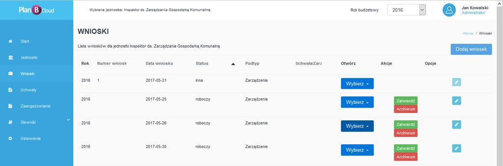 bądź zostaną odrzucone. Po wejściu z lewej strony na zakładkę Wnioski pojawi się lista wszystkich wniosków z wyszczególnieniem numeru wniosku, datą, statusem i podtypem.