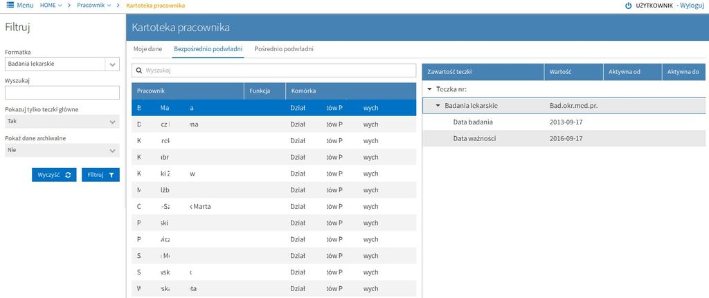 Otwiera się okno, w którym w centralnej części znajduje się pole pozwalające na przeglądanie danych z raportów, po lewej stronie wybór danych do raportowania.