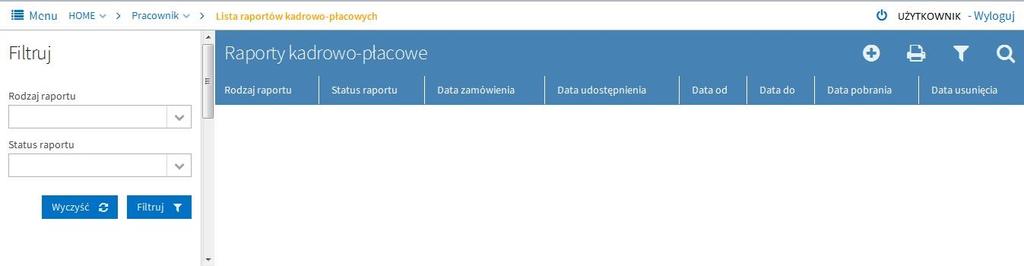 W zależności od indywidualnych uprawnień, na niebieskiej belce po prawej stronie mamy następujące przyciski : Dodaj - jego uruchomienie powoduje zamówienie nowego raportu; Edytuj - umożliwia ponowne