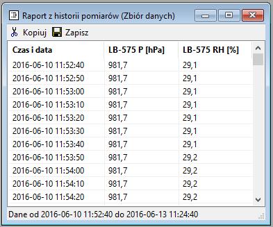 po wybraniu Ciśnienia (LB-575 P) i Wilgotności (LB-575 RH) pojawi się okno z raportem np.: 4.4.3.