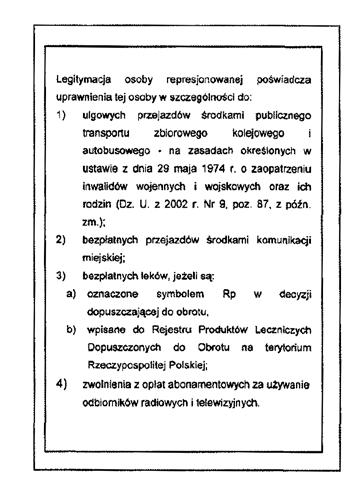 Wzór nr 9 (3) do 4 Karton biały strona 1 (personalizacja) Strony 4 Osobom represjonowanym, które otrzymały legitymacje przed dniem 8 września 005 r.