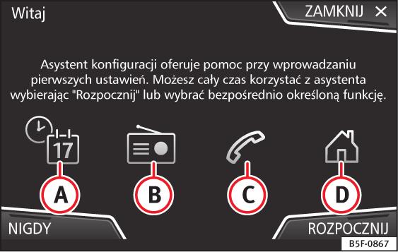 Wstęp Kreator pierwszej konfiguracji. Przycisk funkcyjny Funkcja Przycisk funkcyjny Funkcja NIGDY ROZPOCZ- NIJ Dezaktywuje możliwość konfiguracji systemu Infotainment.