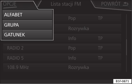 32 Informacje i możliwe symbole Symbol: znaczenie A RDS wył. TP AF wył. Wyświetlanie częstotliwości lub nazwy stacji i ewentualnie radiotekstu.
