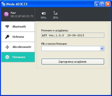 Po wybraniu zakładki Firmware pojawi się następujące okienko: W polu Firmware w urządzeniu wyświetlana jest wersja firmware znajdująca się w urządzeniu i data jego utworzenia.