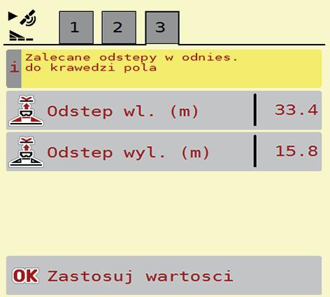 W menu Ustawienia nawozu > Parametr szerokości wprowadzić zadaną wielkość. 2. Wywołać menu Ustawienia nawozu > Obliczenie OptiPoint. Pojawia się pierwsza strona menu Obliczanie OptiPoint.