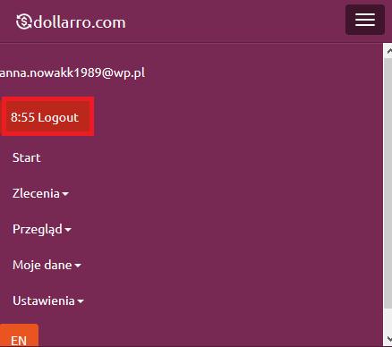 Rysunek 187. Wylogowanie z systemu. Aby wylogować się z systemu dollarro.com należy kliknąć przycisk Logout w menu górnym (Rysunek 187).