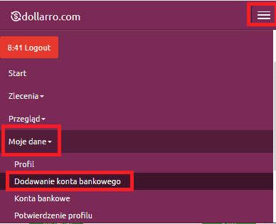 Dodawanie konta bankowego w menu górnym.