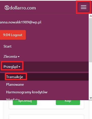 Rysunek 74. Transakcje natychmiastowe. Przegląd w menu górnym.
