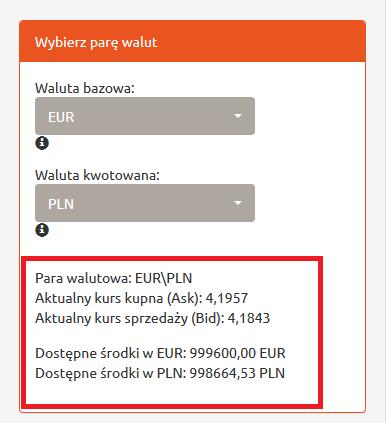 Rysunek 86. Transakcje planowane. Aktualne kursy. Rysunek 87. Transakcje planowane. Typ i rodzaj wykonywanej transakcji.