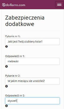 Rysunek 8. Rejestracja. Pytania do hasła dodatkowego. Rysunek 9. Rejestracja. Hasło dodatkowe.