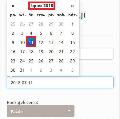 Rysunek 98. Przegląd transakcji planowanych. Wybór daty początkowej.