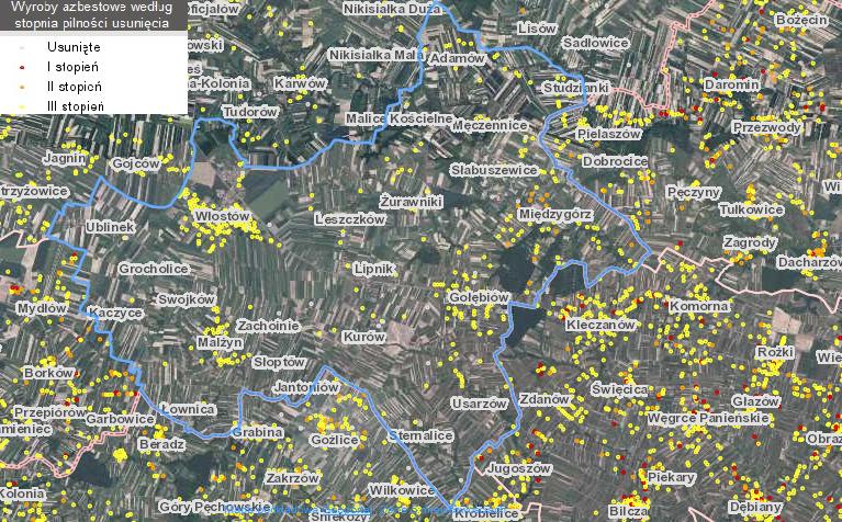 Mapa 2 Azbest pozostający do utylizacji na terenie Gminy Lipnik Źródło: http://esip.bazaazbestowa.gov.pl/geoserwis.