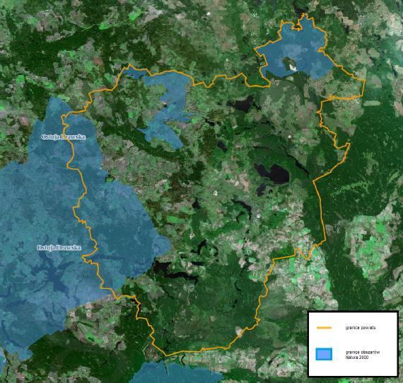 Rysunek 24. Obszary ptasie Natura 2000 na tle Powiatu Szczecineckiego. Źródło: www.geoserwis.gdos.gov.