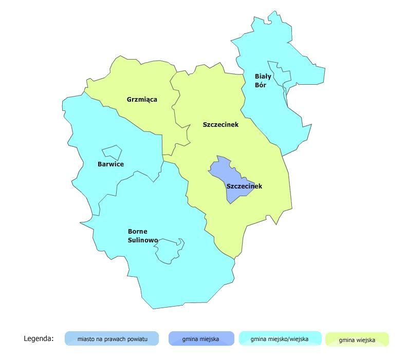 Gmina Borne Sulinowo: Gmina Borne Sulinowo jest gminą miejskowiejską o powierzchni 48 450 ha, zlokalizowaną w południowozachodniej części powiatu. Zajmuje 27,44% jego powierzchni.
