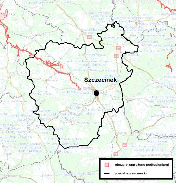 Rysunek 21. Mapa obszarów narażonych na podtopienia w powiecie Szczecineckim.